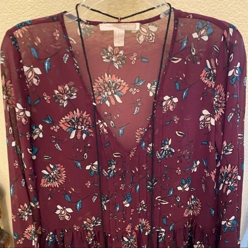 FOREVER 21 Women Burgundy Floral Semi-Sheer Tassel Boho Dress Size Small